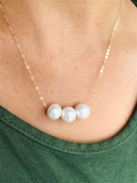 Pearl Necklace Three Pearl necklace 14 k Gold Fill necklace June Birthstone June Birthday boho ...
