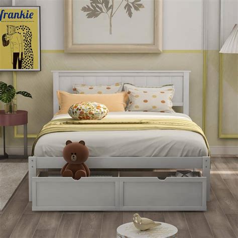 ANBAZAR White Wood Full Size Bed Frame with Headboard, Full Bed Frame with Storage Drawers ...