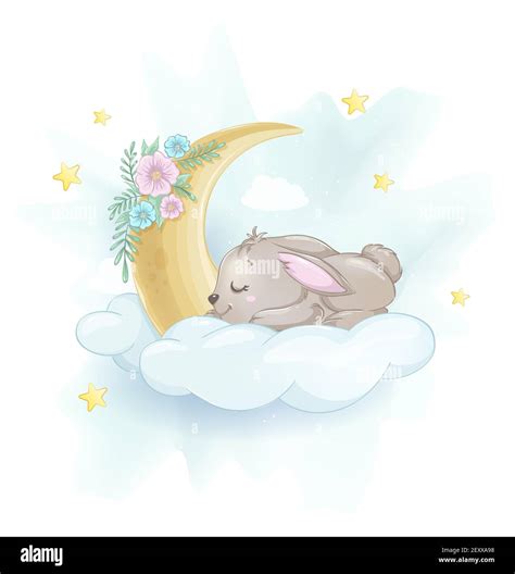 Cute little rabbit sleeping on a cloud. Usable for Easter greeting card ...