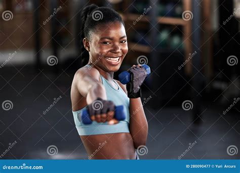 Portrait, Dumbbell or Happy Black Woman Boxing in Training, Exercise or ...