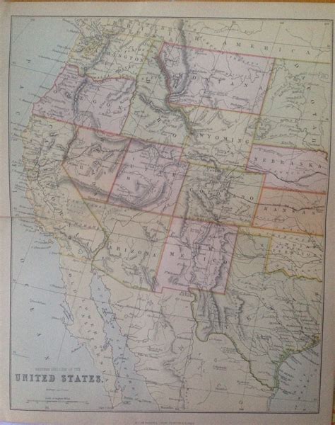 1880 UNITED STATES (West) map, antique, original, colour, historical, vintage