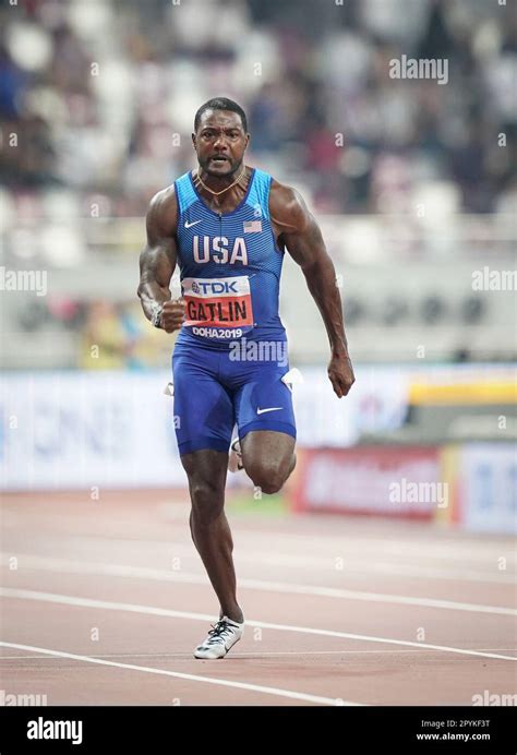 Justin Gatlin running the 100m at the 2019 World Athletics ...