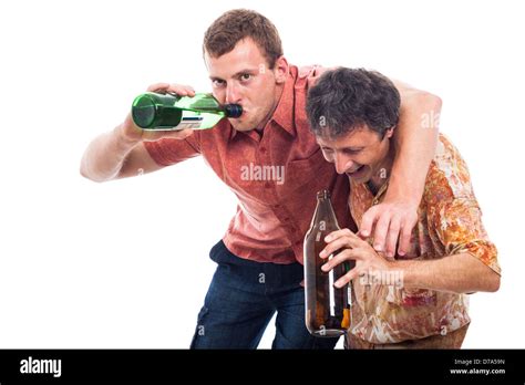 Two funny drunken men with bottle of alcohol, isolated on white ...