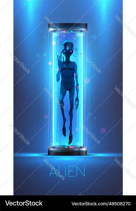 Scary alien in glass capsule laboratory Royalty Free Vector