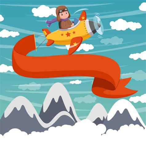 Premium Vector | Kid flying plane with banner vector illustration