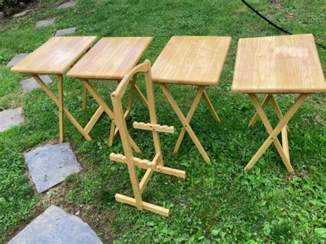 SET OF 4 Vintage Solid Wood Folding TV Tray Tables with Stand $54.00 - PicClick