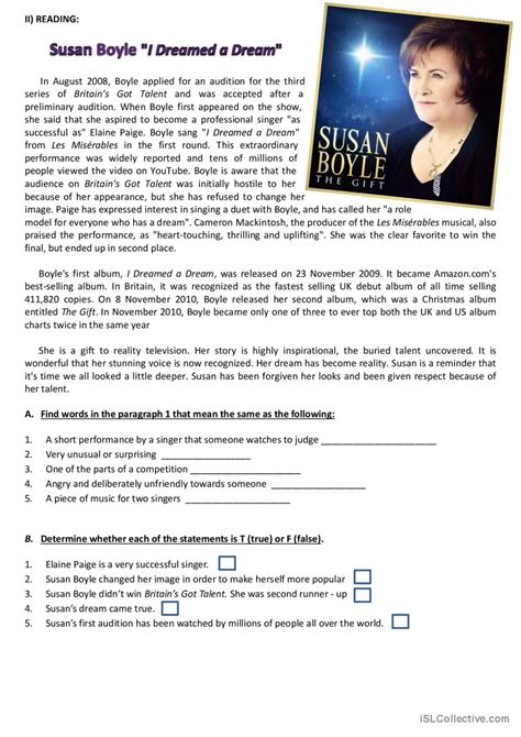 Susan Boyle "I Dreamed a Dream": English ESL worksheets pdf & doc