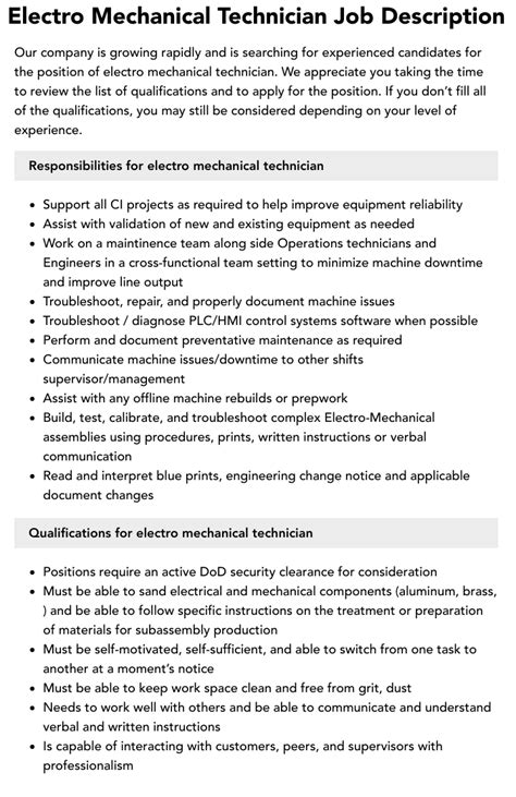 Electro Mechanical Technician Job Description | Velvet Jobs