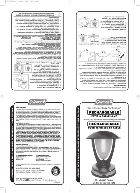 The Coleman 4348-700 Rechargeable Patio & Table Lamp (315MHz Tx) User Manual 4348 700