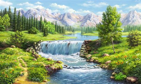 Landscape with waterfall | Landscape paintings, Waterfall landscape ...