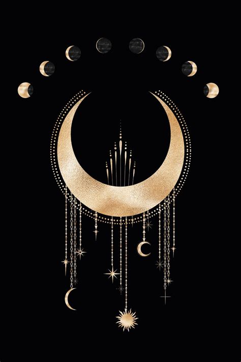 Moon Art, Witchy Wall Decor, Black And Gold, Moon Phases Print, Moon ...