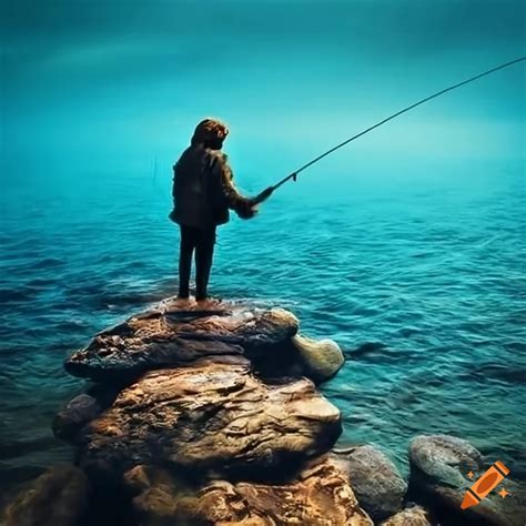 Person fishing on a rocky shore with ocean view
