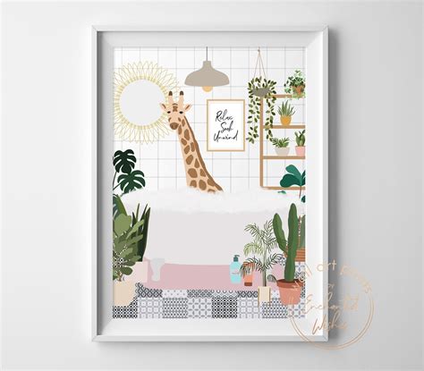 Giraffe In Bathtub Print - Wall Art