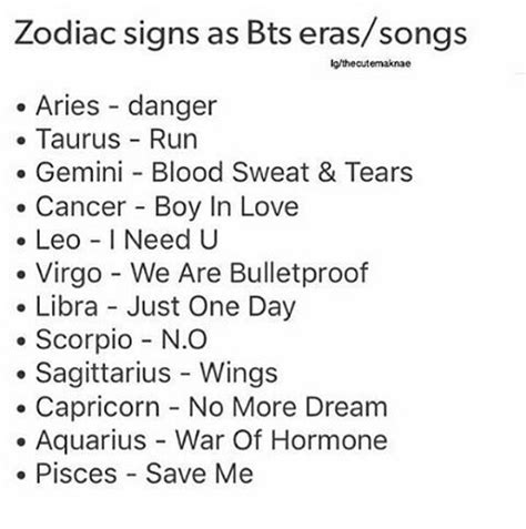 Zodiac signs as BTS songs | ARMY's Amino