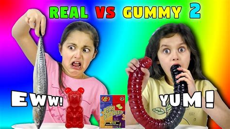 REAL FOOD Vs GUMMY FOOD Challenge 2! Giant Gummy Worm v Super Gross ...