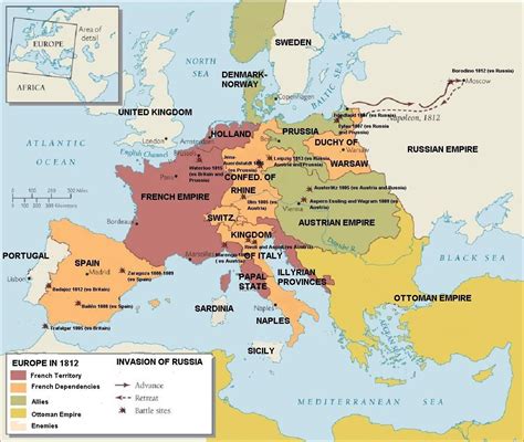 Europe 1812 during peak of Napoleonic Empire and showing major battles of Napoleonic wars ...