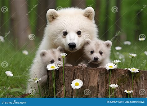 Albino Polar Bears in the Forest. Mother Bear with Cubs with Flowers ...