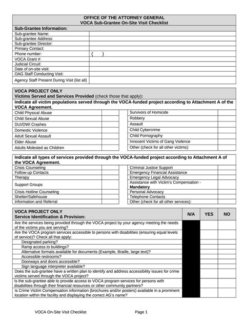 VOCA Sub-Grantee On-Site Visit Checklist Doc Template | pdfFiller