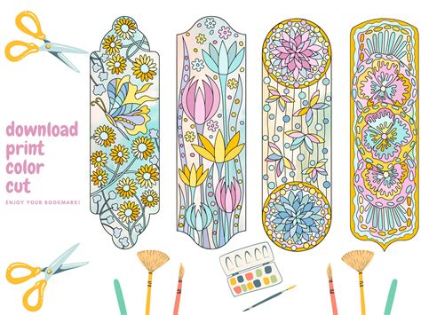 Flower Coloring Bookmark Set of 4 Printable Spring Adult - Etsy