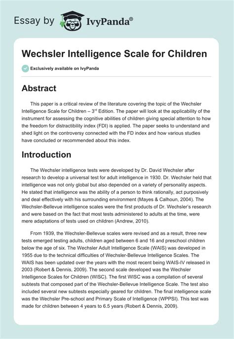 Wechsler Intelligence Scale for Children - 5475 Words | Critical Writing Example