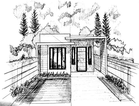 Drawing of one storey house using pen Perspective Sketch, One Point Perspective, House Design ...