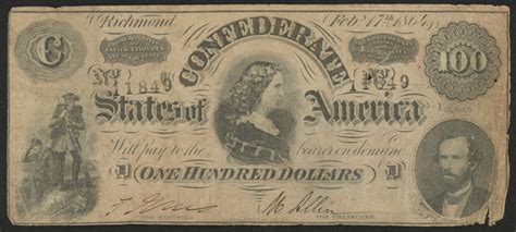 1864 $100 One Hundred Dollars Confederate States of America Richmond CSA Bank Note | Pristine ...