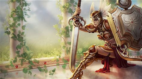 Online crop | HD wallpaper: female knight illustration, girl, weapons, sword, art, shield ...