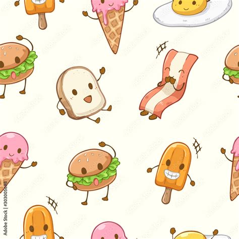 Seamless pattern cute kawaii food character cartoon set, ice cream, fried egg, bacon, bread and ...