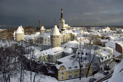 Winter City Landscape. Tallinn Old Town. Snow Cloud Over the City ...