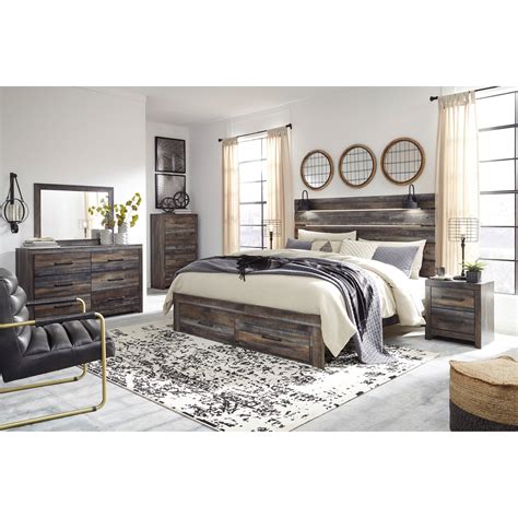 Signature Design by Ashley Drystan Rustic King Panel Bed w/ Lights & Footboard Drawers | Godby ...
