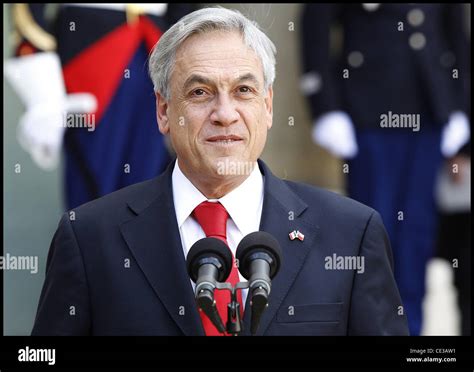 Sebastian Pinera, President of Chile makes a speech on the steps of the Elysee Palace. Paris ...