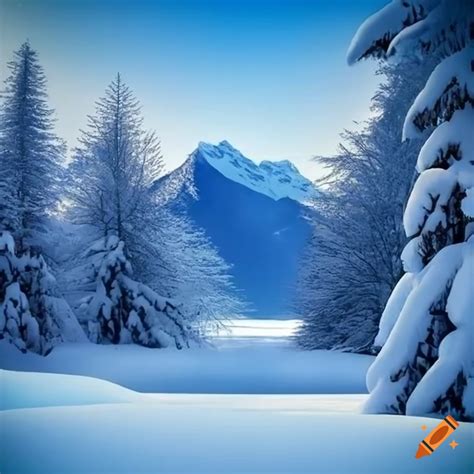 Serene winter scenery with snow-covered trees and majestic mountains on Craiyon