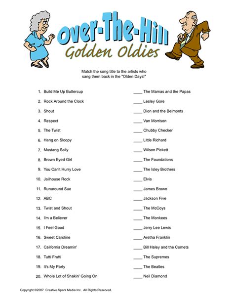 Printable Over The Hill Golden Oldies | Birthday party games, 50th ...