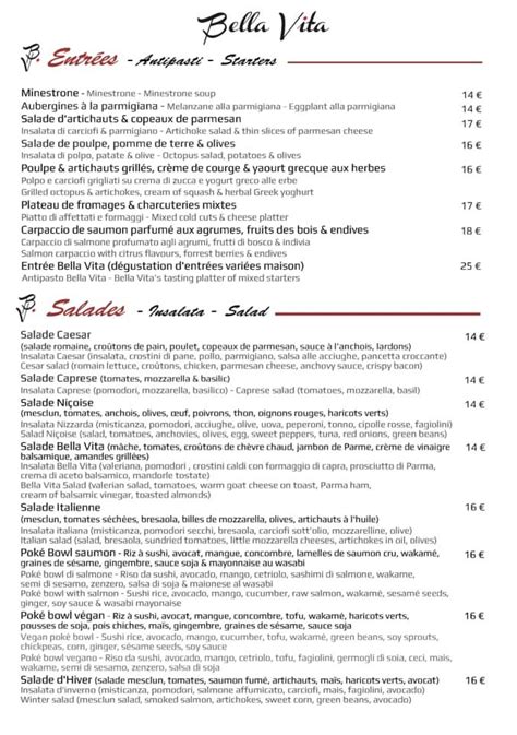 Menu at Bella Vita restaurant, Monaco-Ville