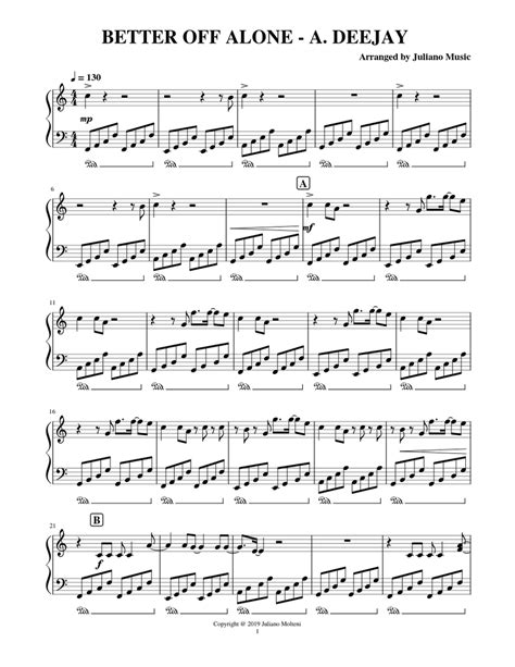 BETTER OFF ALONE (EASY PIANO) - ALICE DEEJAY Sheet music for Piano ...