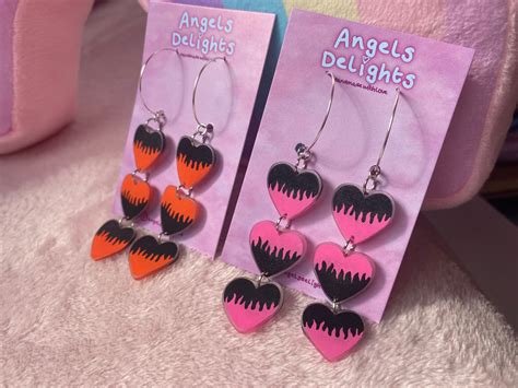 Dangly pink or orange Y2K love heart flame handmade earrings | Etsy