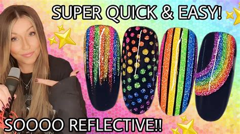 🌈 Quick & easy rainbow glitter nail art | Makartt reflective gel polish liners | Black ...
