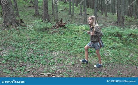 Child Walking in Forest, Kid Outdoor Nature, Girl Playing in Camping Adventure Stock Image ...