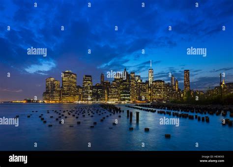 USA, New York City, Manhattan, view to financial district at night ...