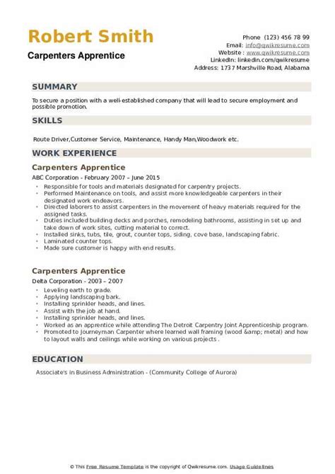 Carpenters Apprentice Resume Samples | QwikResume