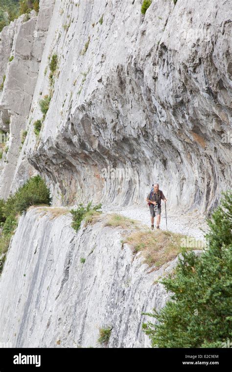 France, Pyrenees Atlantiques, Aspe valley, Borce, Etsaut, hiker on the La Mature trail Stock ...