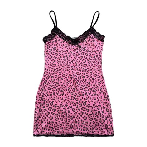 Pink leopard print slip dress with black lace... - Depop