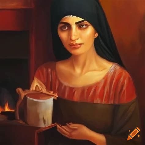 Oil painting of an arab mother near a fireplace on Craiyon