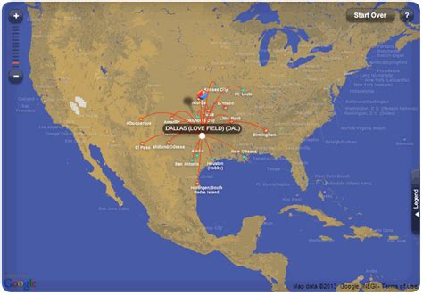 Southwest Airlines route map - from Dallas Love Field