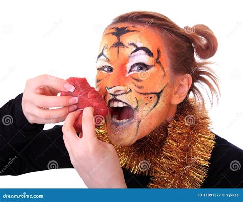 Girl Tiger With The Piece Of Raw Meat. Royalty Free Stock Photography ...