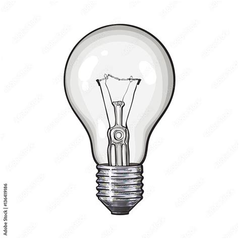 Traditional transparent tungsten light bulb, side view, sketch style ...