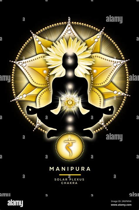 Solar plexus chakra meditation in yoga lotus pose, in front of Manipura ...