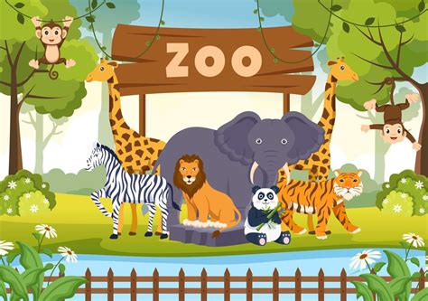 Zoo Cartoon Illustration with Safari Animals Elephant, Giraffe, Lion ...