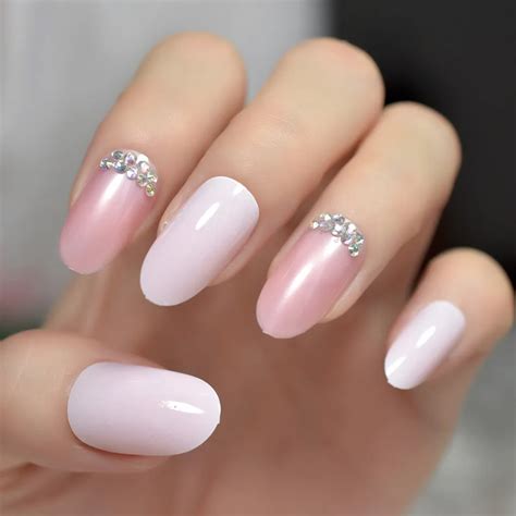 3D Pearl Pink Round False Nails AB Color Rhinestones Salon Full Cover Press on Daily Wear Fake ...