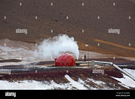 Krafla geothermal power plant near the Krafla Volcano and lake Mývatn in winter, Iceland Stock ...